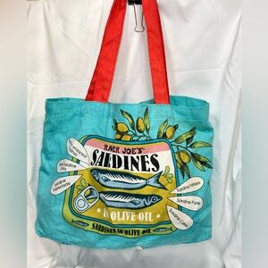 Trader Joe's Sardines Reusable Tote Bag Blue Red Sardine Toast Recipe Canvas